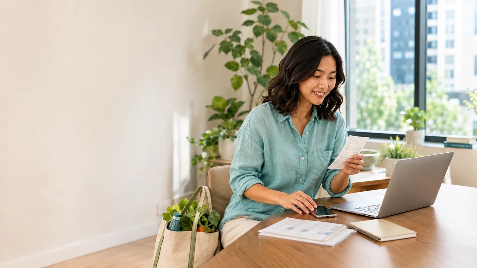 A woman reviewing her financial records at a bright desk