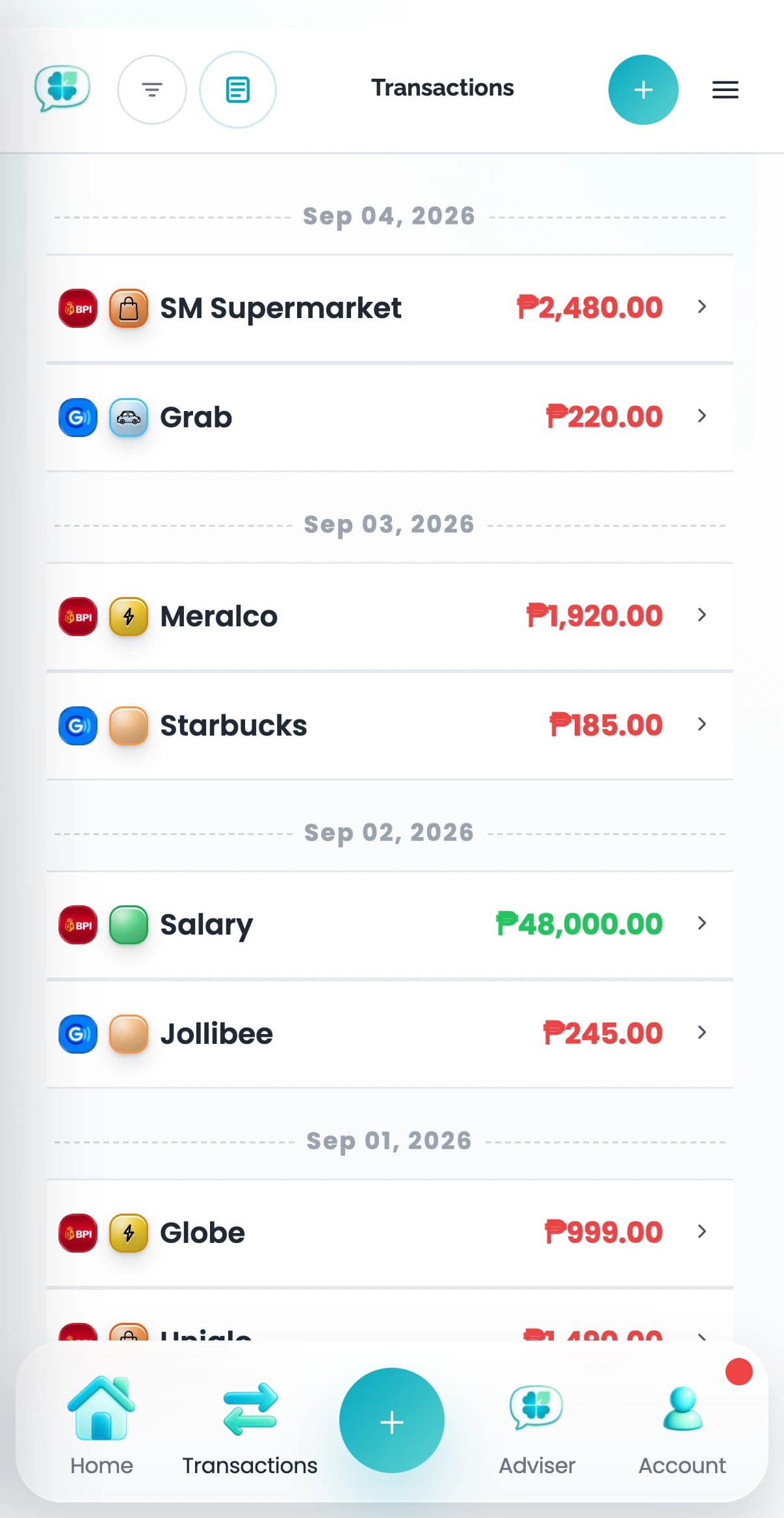 Actual Clover Transactions screen using fictional sample records