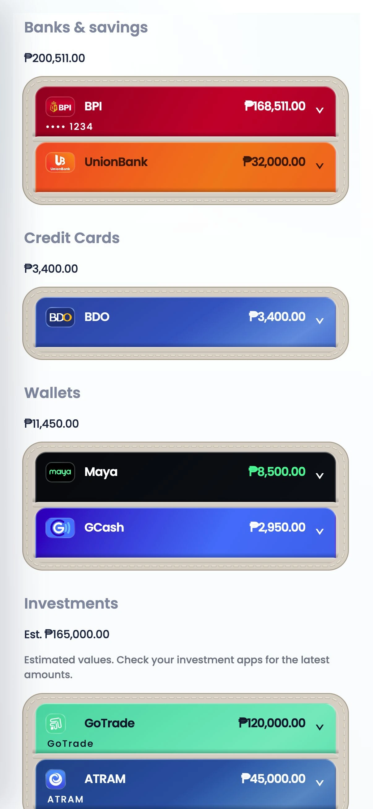Clover account lists with BPI, UnionBank, BDO, Maya, GCash, GoTrade and ATRAM, using fictional balances.