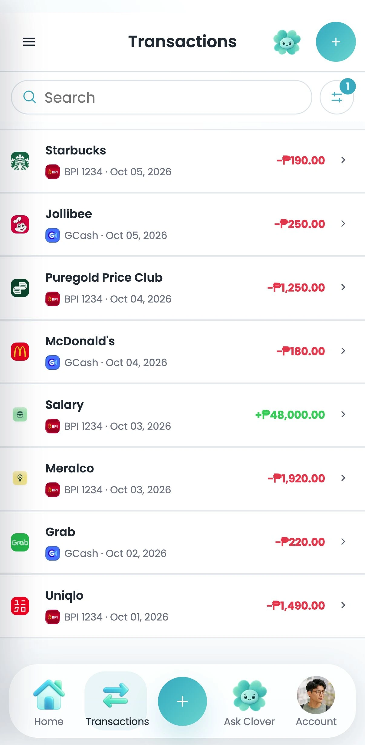 Clover Transactions showing merchant logos, category fallbacks, dates, amounts and a sample profile photo.