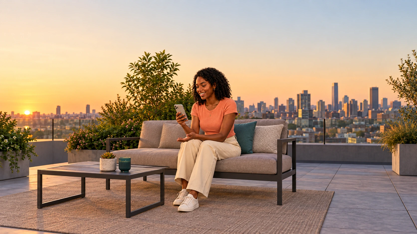 A woman using her phone on a terrace.